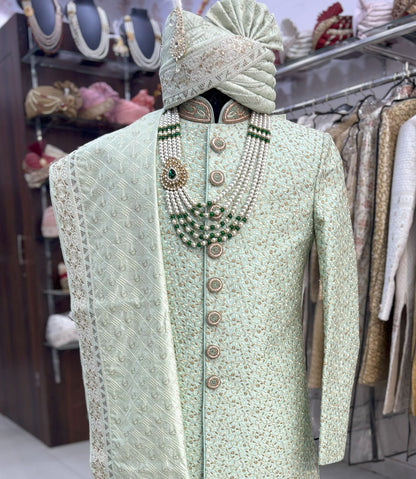 Green Sherwani Groom Outfit: Indian Wedding Sherwani Set