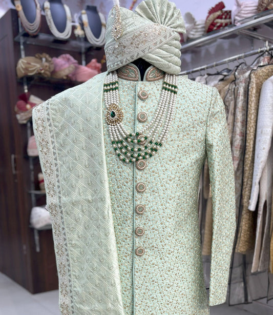 Green Sherwani Groom Outfit: Indian Wedding Sherwani Set