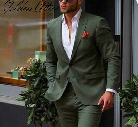 Men's Olive Green Two-Piece Suit, Custom Fit Wedding Suit