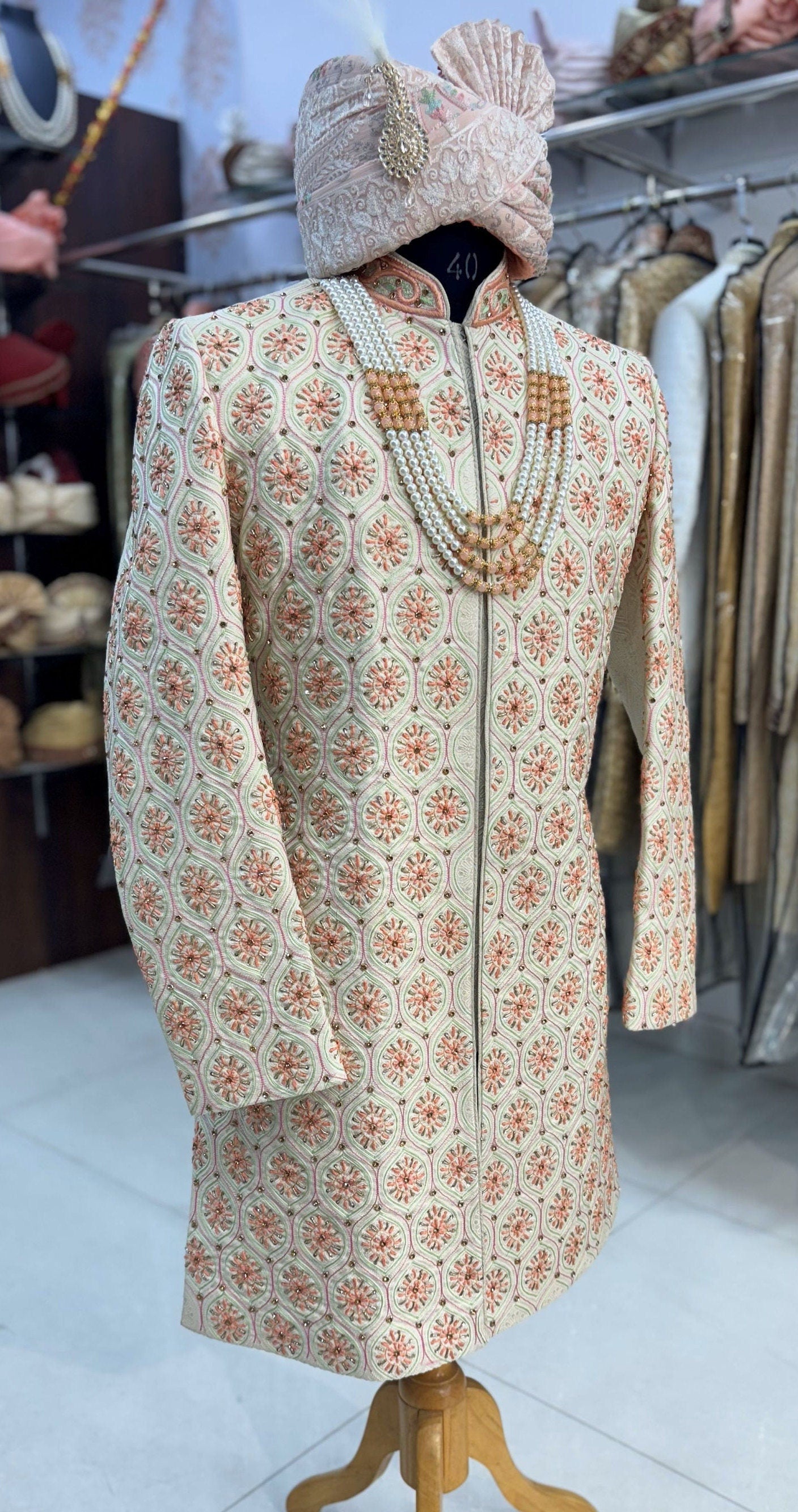 Cream Sabyasachi Sherwani: Indian Groom Wedding Outfit