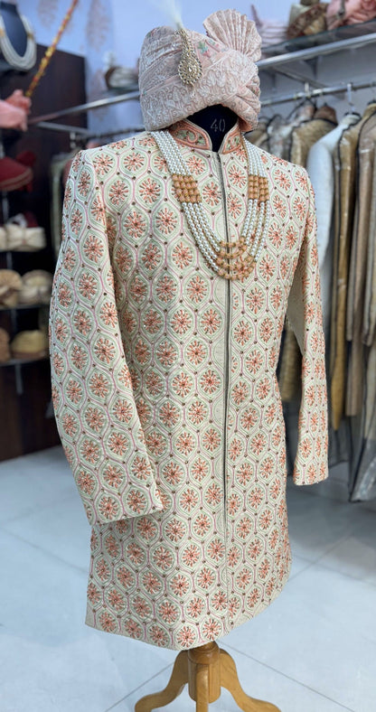 Cream Sabyasachi Sherwani: Indian Groom Wedding Outfit