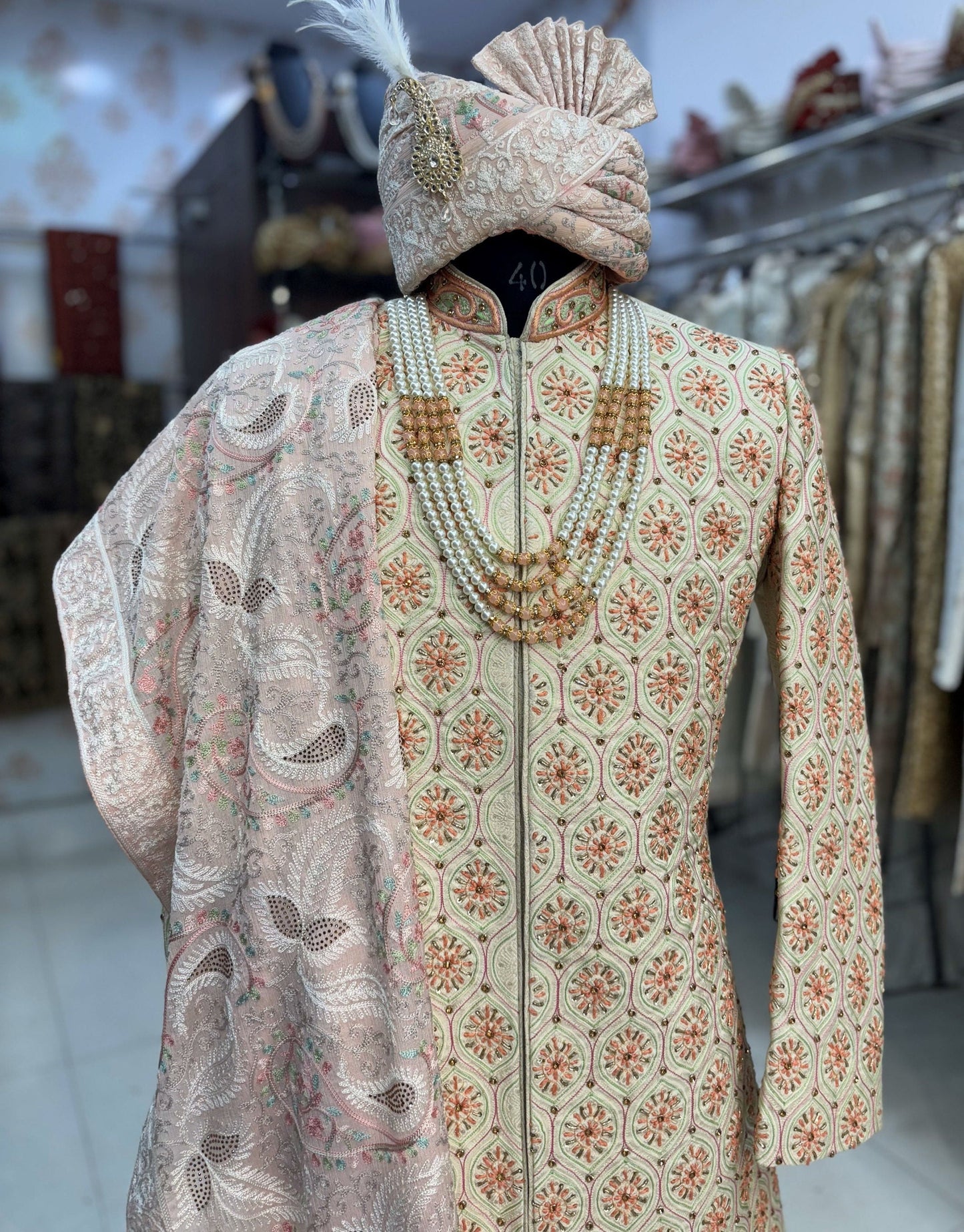 Cream Sabyasachi Sherwani: Indian Groom Wedding Outfit