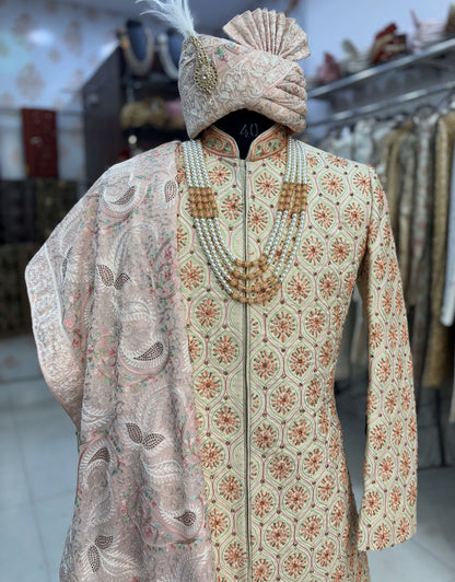 Cream Sabyasachi Sherwani: Indian Groom Wedding Outfit