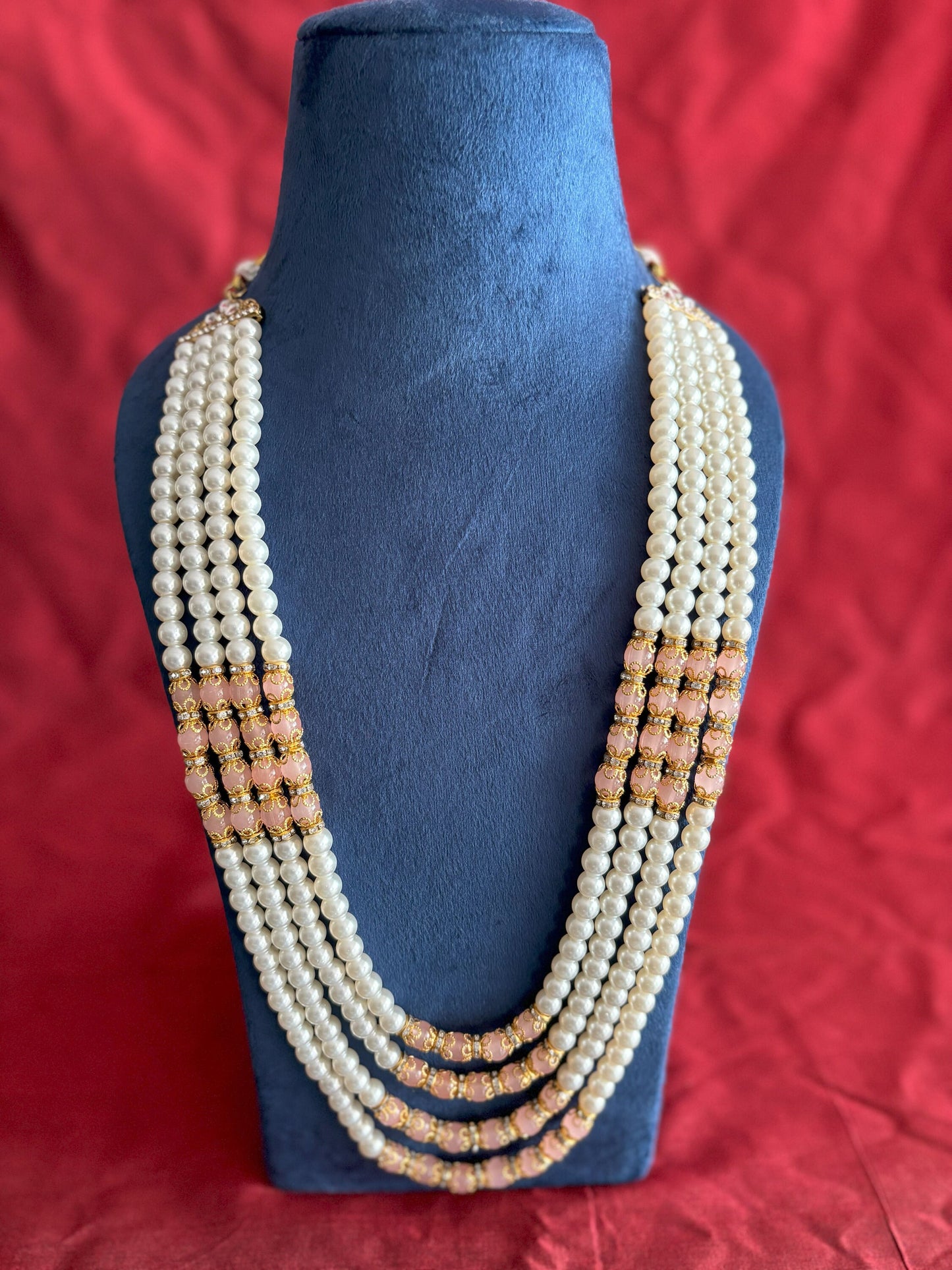 Groom Peach Pearl Sherwani Necklace: Wedding Kantha Accessory