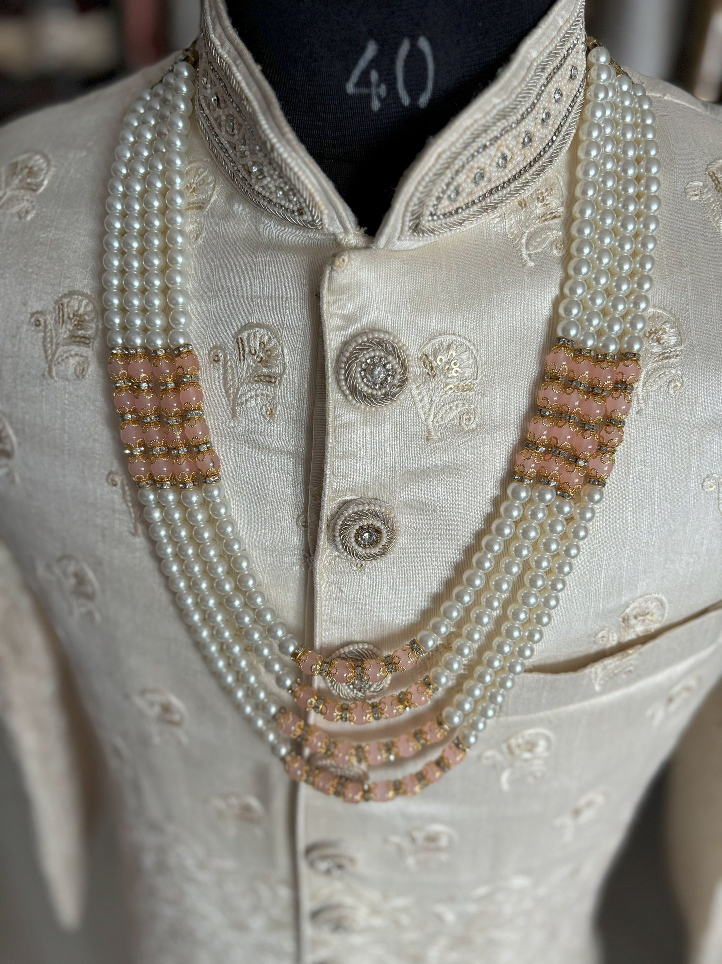 Groom Peach Pearl Sherwani Necklace: Wedding Kantha Accessory