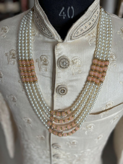 Groom Peach Pearl Sherwani Necklace: Wedding Kantha Accessory