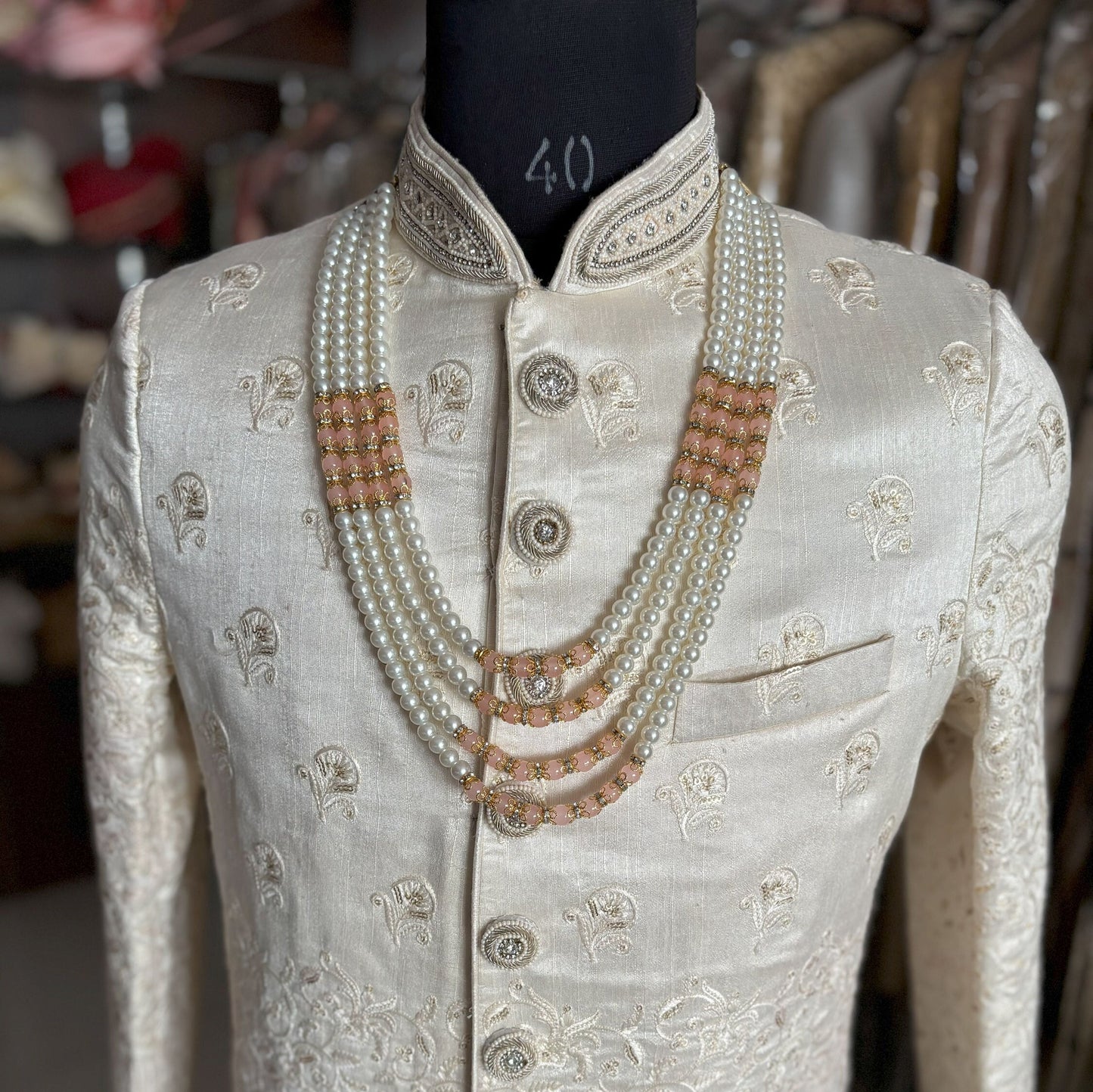 Groom Peach Pearl Sherwani Necklace: Wedding Kantha Accessory