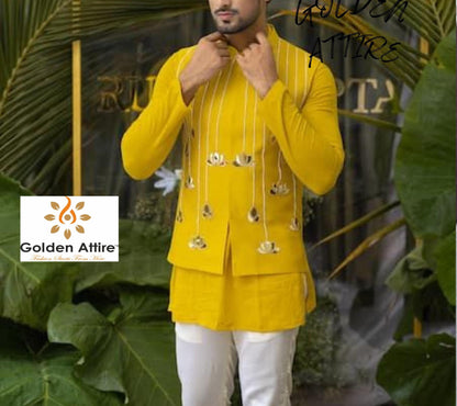 Embroidered Yellow Nehru Jacket, Modi Jacket, Groom Wedding Attire