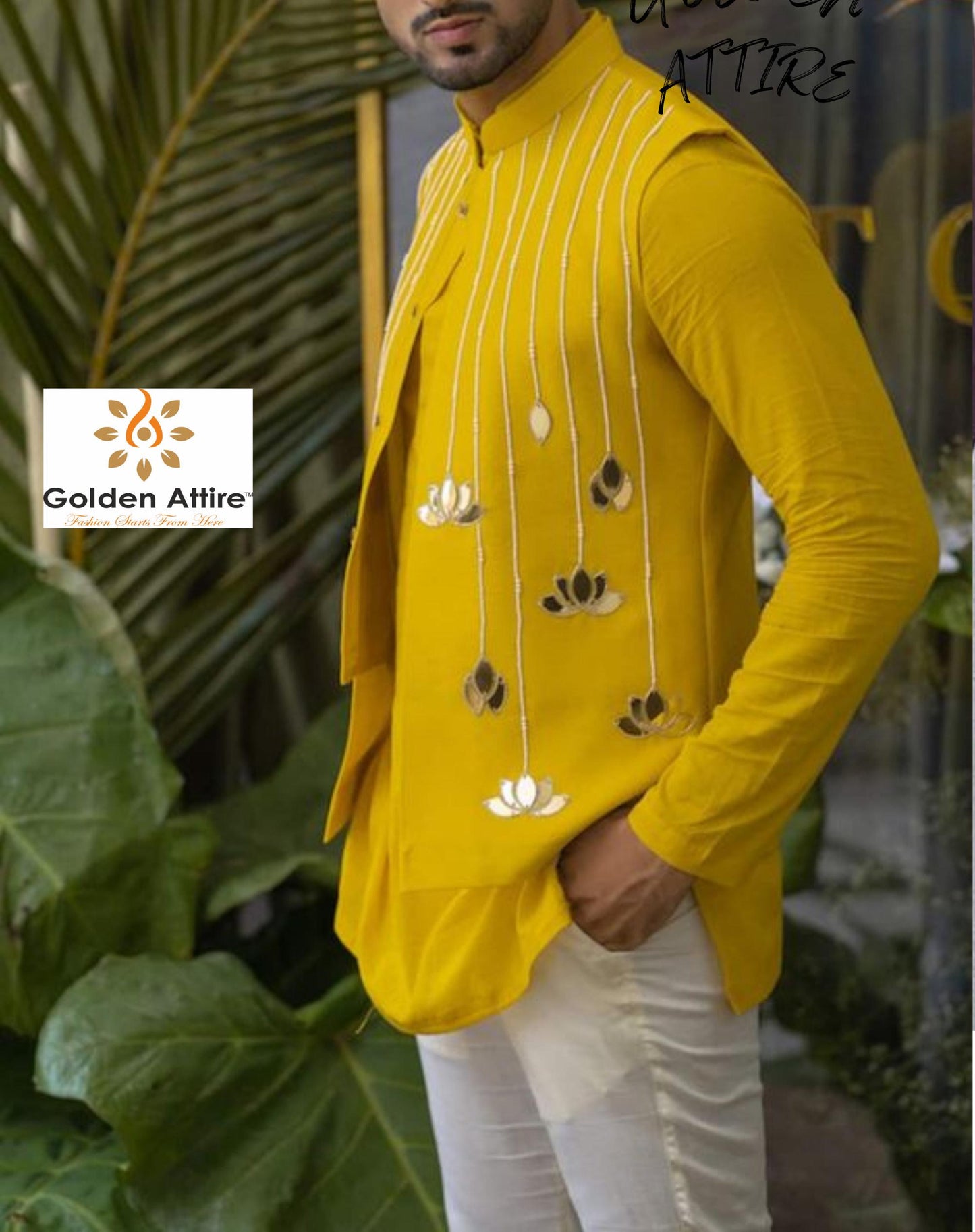 Embroidered Yellow Nehru Jacket, Modi Jacket, Groom Wedding Attire