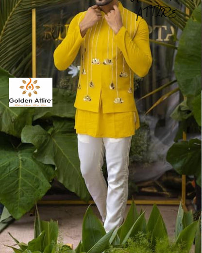 Embroidered Yellow Nehru Jacket, Modi Jacket, Groom Wedding Attire