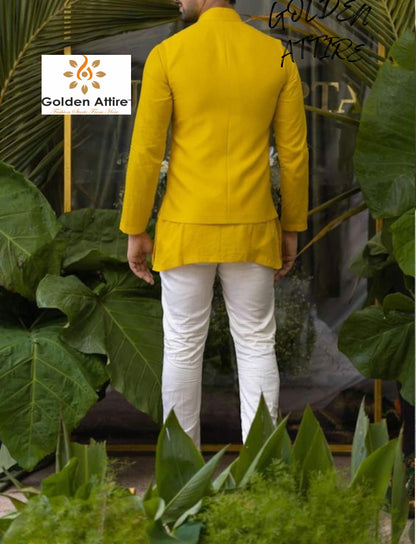 Embroidered Yellow Nehru Jacket, Modi Jacket, Groom Wedding Attire
