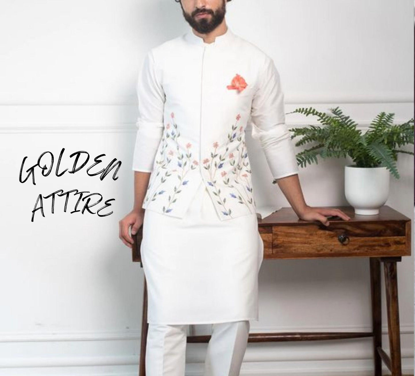 White Embroidered Nehru Jacket with Kurta Pajama, Groom Wedding Modi Jacket
