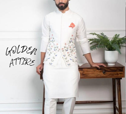White Embroidered Nehru Jacket with Kurta Pajama, Groom Wedding Modi Jacket