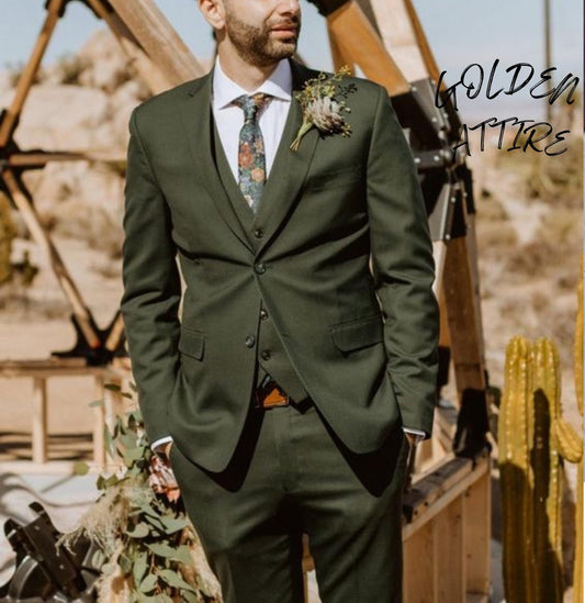 Green Three Piece Suit, Classic Fit Men's Wedding Suit