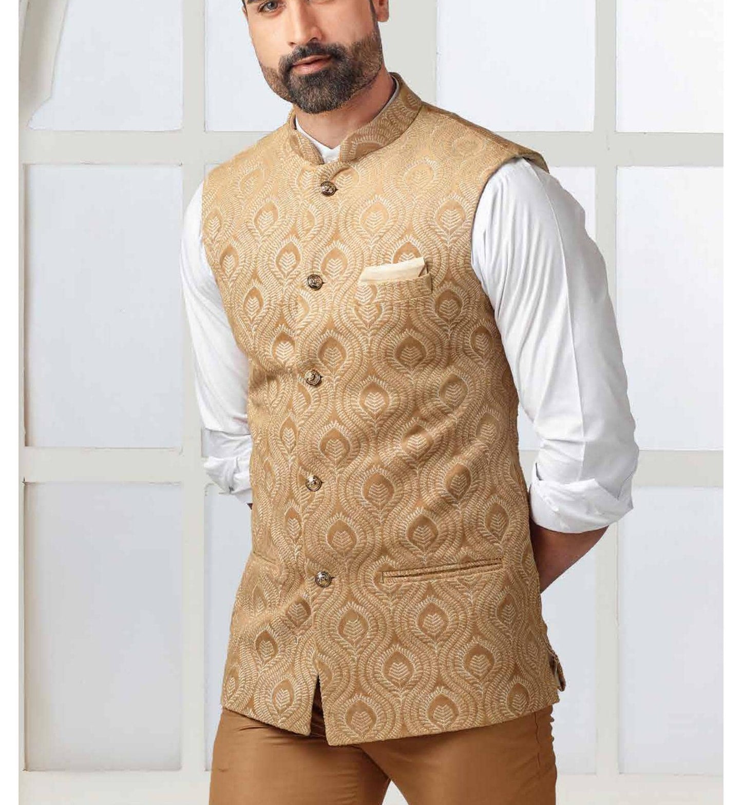 Beige Nehru Jacket: Men's Modi Waistcoat, Groom Outfit
