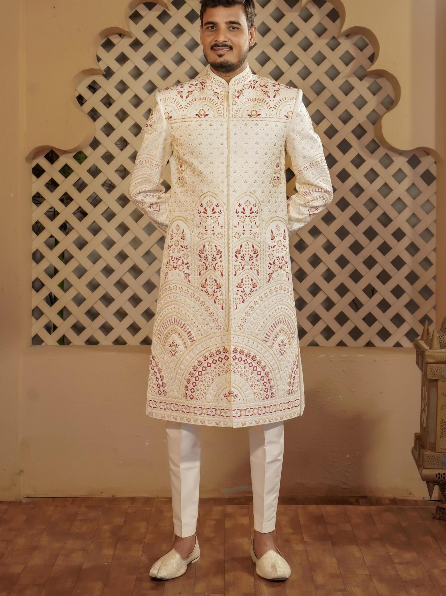 Ivory Indian Groom Sherwani: Wedding Outfit, Maharaja Style