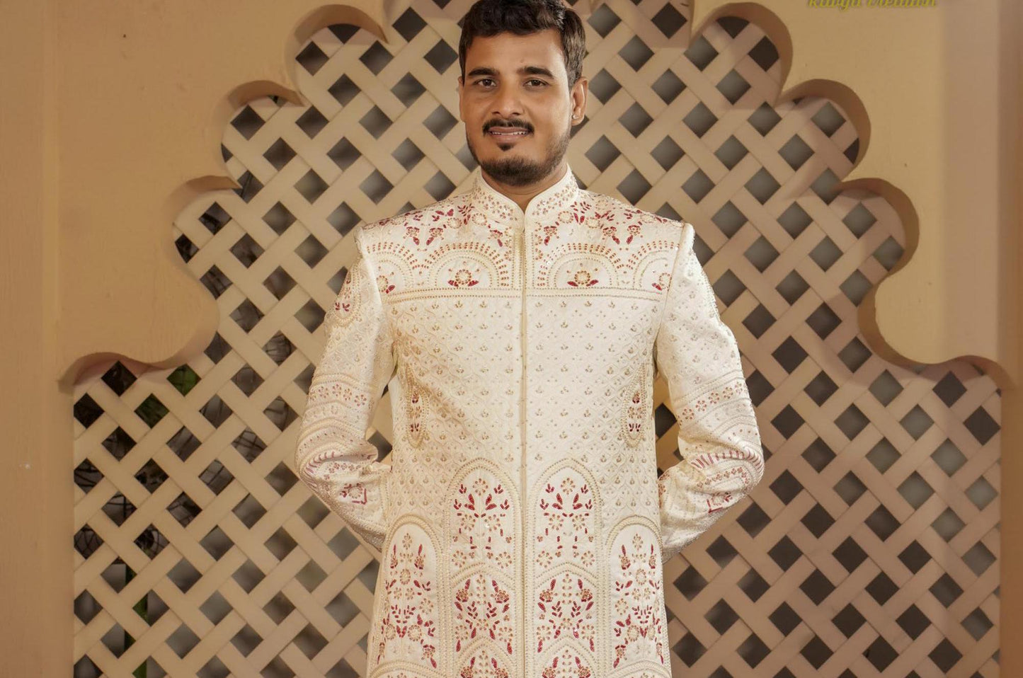 Ivory Indian Groom Sherwani: Wedding Outfit, Maharaja Style