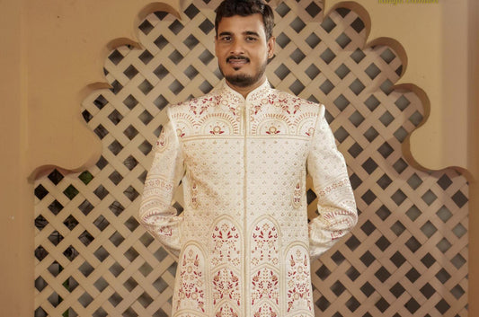 Ivory Indian Groom Sherwani: Wedding Outfit, Maharaja Style
