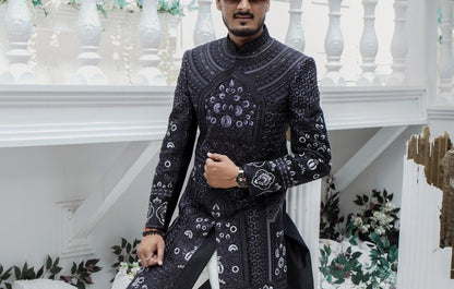 Majestic Black Embroidered Sherwani: Indian Groom Wedding Suit