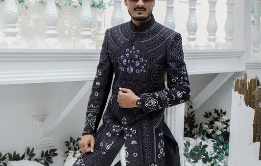 Majestic Black Embroidered Sherwani: Indian Groom Wedding Suit