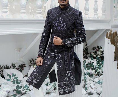 Majestic Black Embroidered Sherwani: Indian Groom Wedding Suit