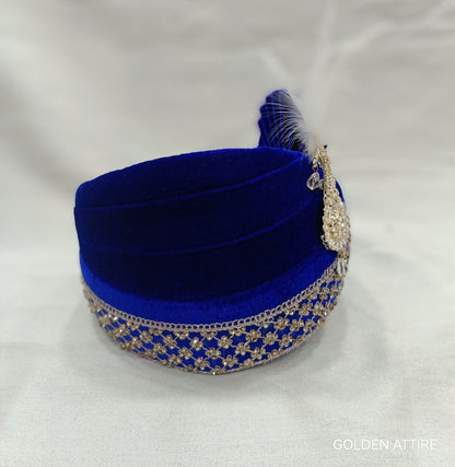 Royal Blue Velvet Turban & Shawl Set, Indian Wedding Safa, Adjustable Pagdi,