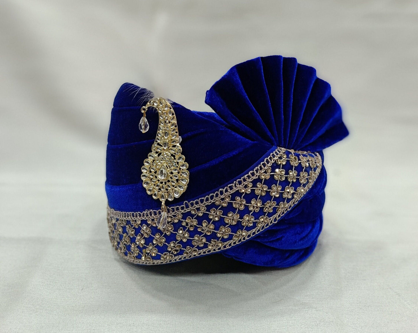 Royal Blue Velvet Turban & Shawl Set, Indian Wedding Safa, Adjustable Pagdi,