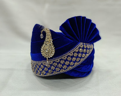 Royal Blue Velvet Turban & Shawl Set, Indian Wedding Safa, Adjustable Pagdi,
