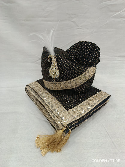 Black Velvet Groom Turban & Shawl Set: Golden Lace, Detachable Kalangi