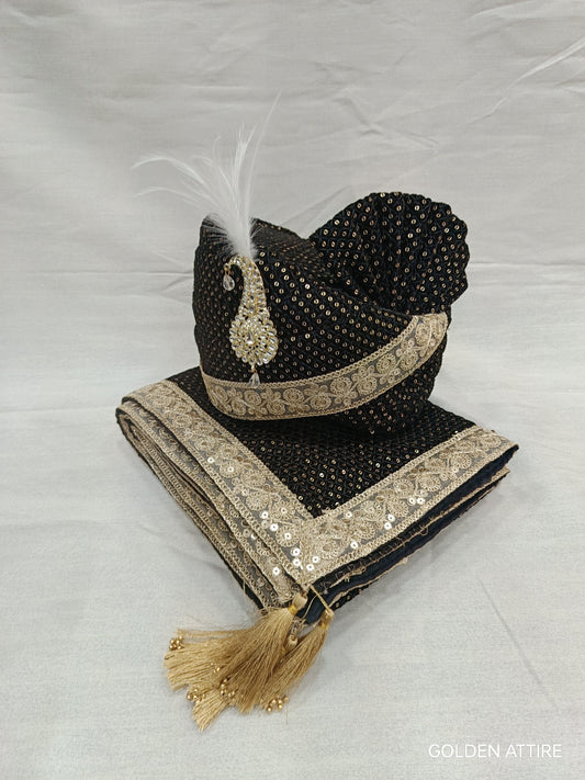 Black Velvet Groom Turban & Shawl Set: Golden Lace, Detachable Kalangi