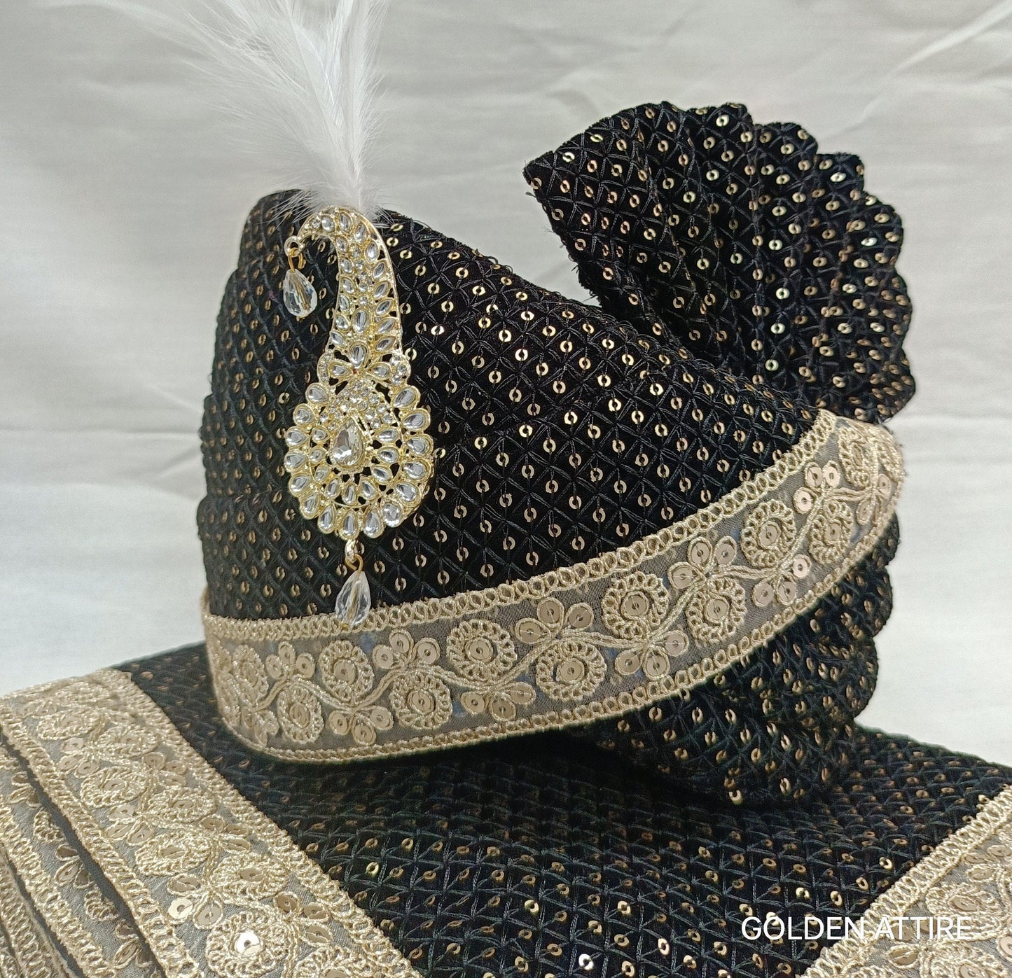 Black Velvet Groom Turban & Shawl Set: Golden Lace, Detachable Kalangi