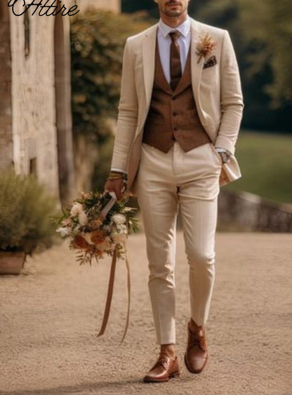 Cream 3-Piece Suit: Men's Bespoke Wedding Groom Suit