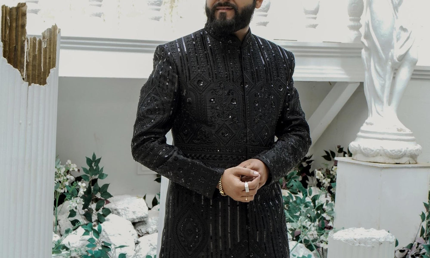 Black Embroidered Groom Sherwani, Indo Western Wedding Suit