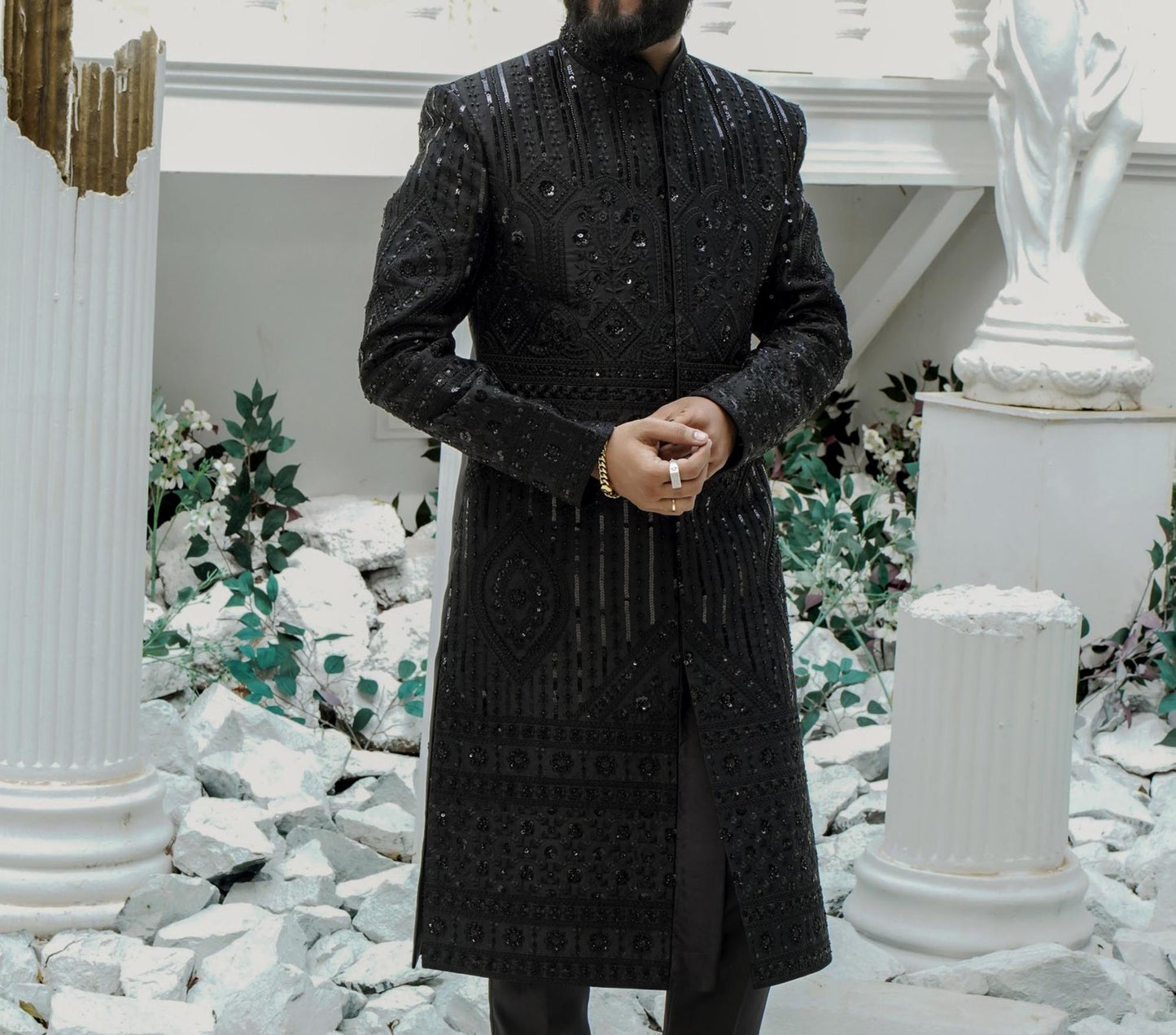 Black Embroidered Groom Sherwani, Indo Western Wedding Suit