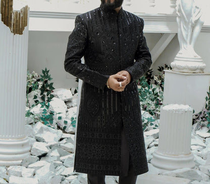 Black Embroidered Groom Sherwani, Indo Western Wedding Suit