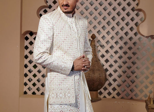 Elegant White Sherwani, Handcrafted Indian Groom Suit