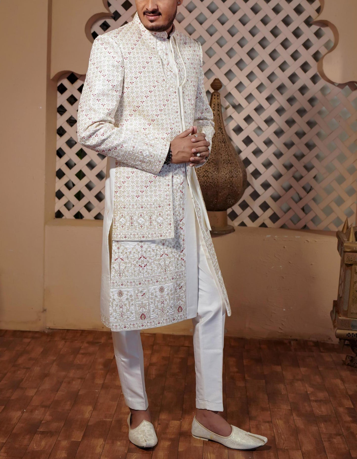 Elegant White Sherwani, Handcrafted Indian Groom Suit