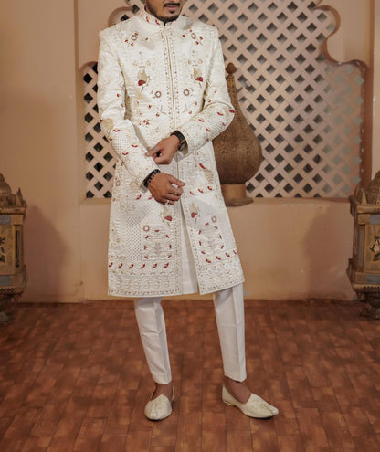 White Embroidered Sherwani, Indian Groom Wedding Outfit