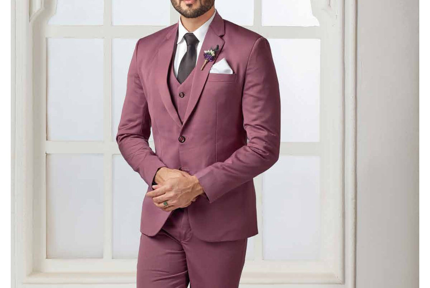 Men's Dusty Rose Three Piece Suit: Wedding Groom Dinner Suit