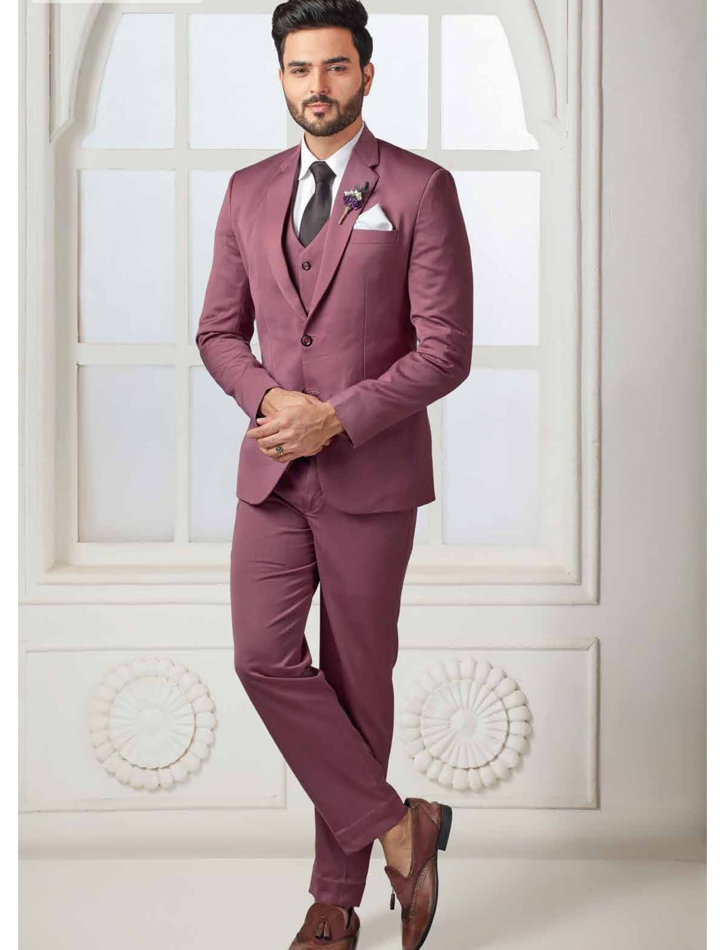 Men's Dusty Rose Three Piece Suit: Wedding Groom Dinner Suit