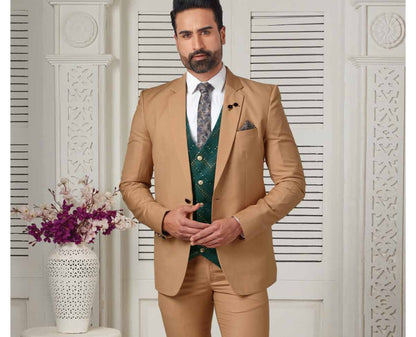 Men's Golden Beige 3-Piece Suit, Bespoke Wedding Groom Tuxedo