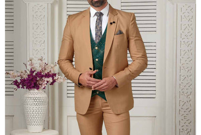 Men's Golden Beige 3-Piece Suit, Bespoke Wedding Groom Tuxedo