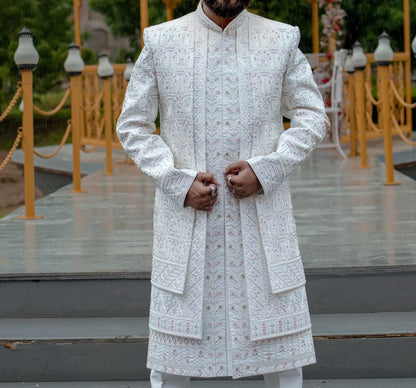 White Shrug Sherwani, Indian Groom Wedding Outfit