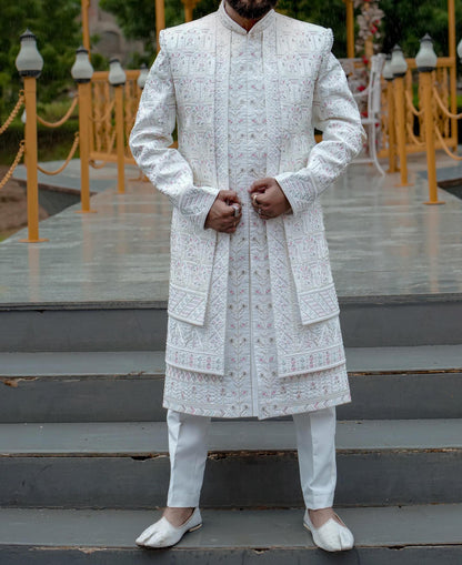 White Shrug Sherwani, Indian Groom Wedding Outfit