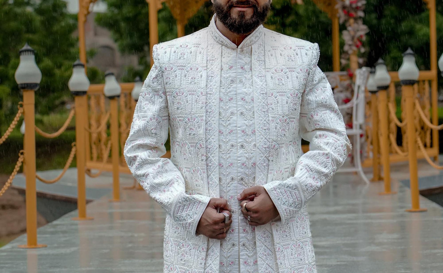 White Shrug Sherwani, Indian Groom Wedding Outfit