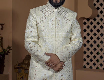 Cream Embroidered Sherwani for Men, Indo Western Wedding Suit