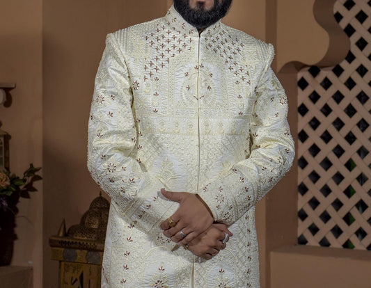 Cream Embroidered Sherwani for Men, Indo Western Wedding Suit