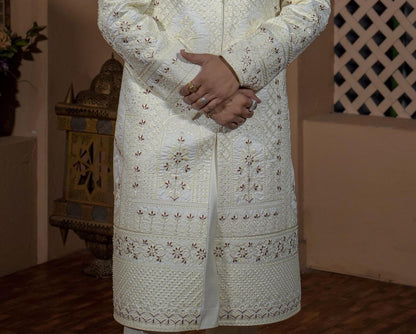 Cream Embroidered Sherwani for Men, Indo Western Wedding Suit