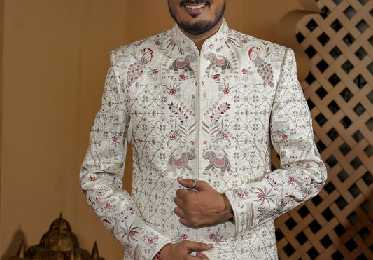 White Embroidered Sherwani, Indian Groom Wedding Outfit