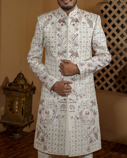 White Embroidered Sherwani, Indian Groom Wedding Outfit